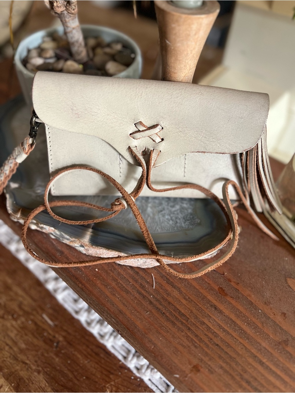 Free People Cream Leather Crossbody with Tan Fringe Strap